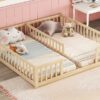 Double Twin Floor Bed With Fence, Guardrails, Without Door - Natural - Image 12