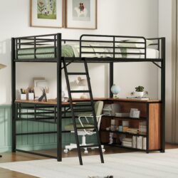 Full Size Loft Bed With 3 Layers Of Shelves And L-Shaped Desk - Black