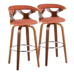Gardenia - Mid-Century Modern Fixed Height Barstool With Swivel With Round Footrest (Set of 2) - Walnut / Orange