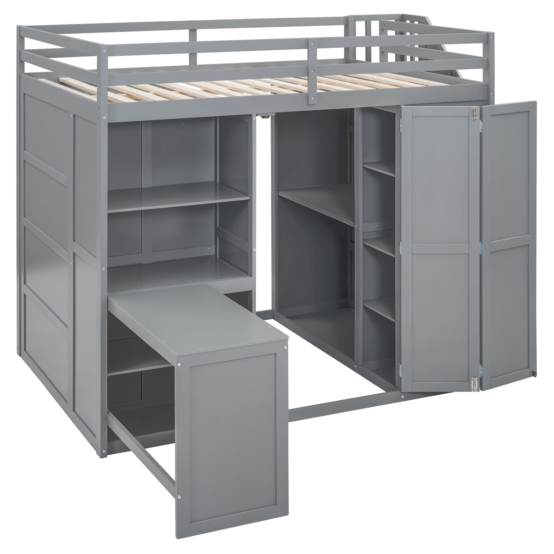 Full Size Loft Bed With Wardrobe, Desk And Shelves - Gray - Image 3