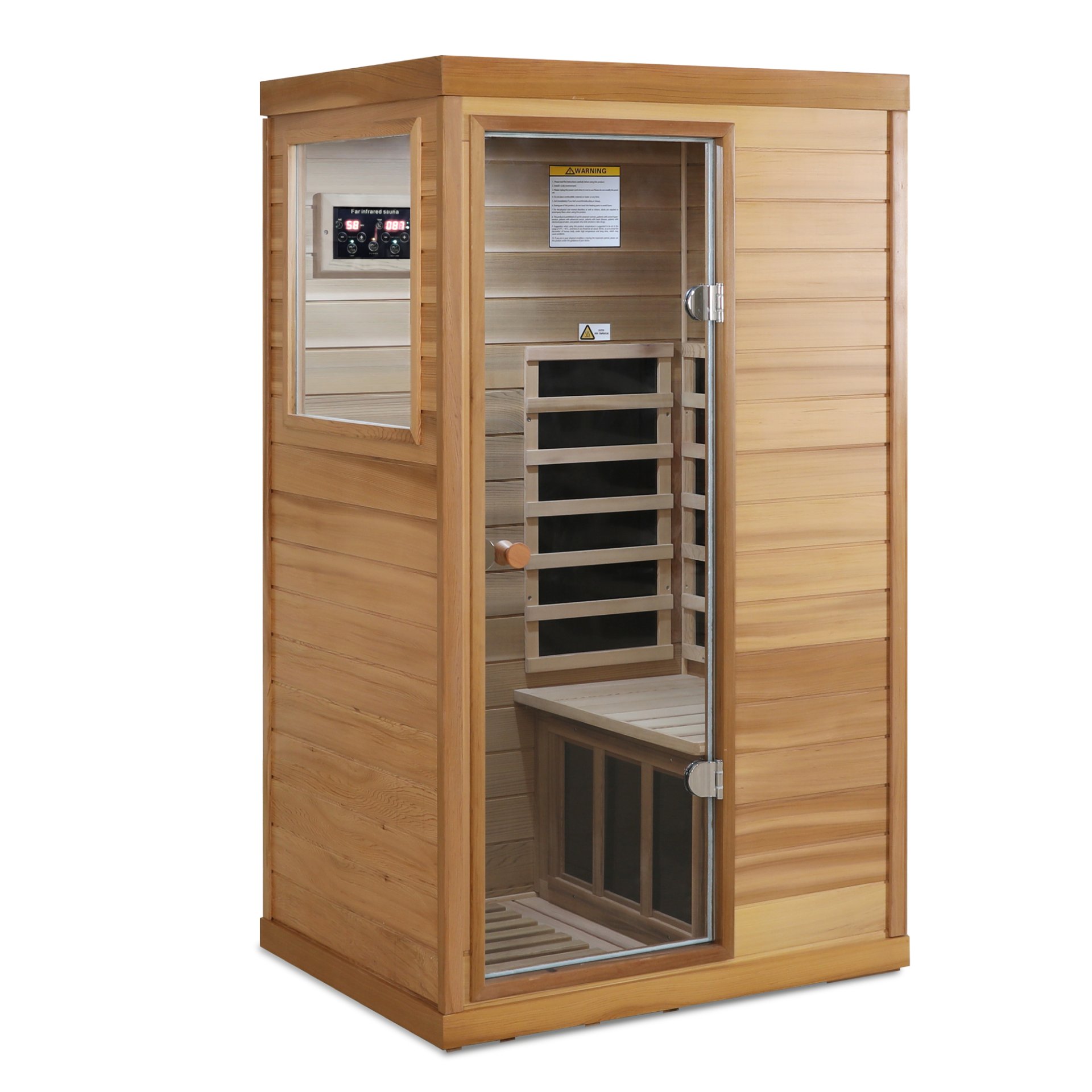 Red Cedar Mini 1 Person Far Infrared Glass Door On The Left Of The Indoor Sauna Room - Natural Wood / Caramel - Image 5