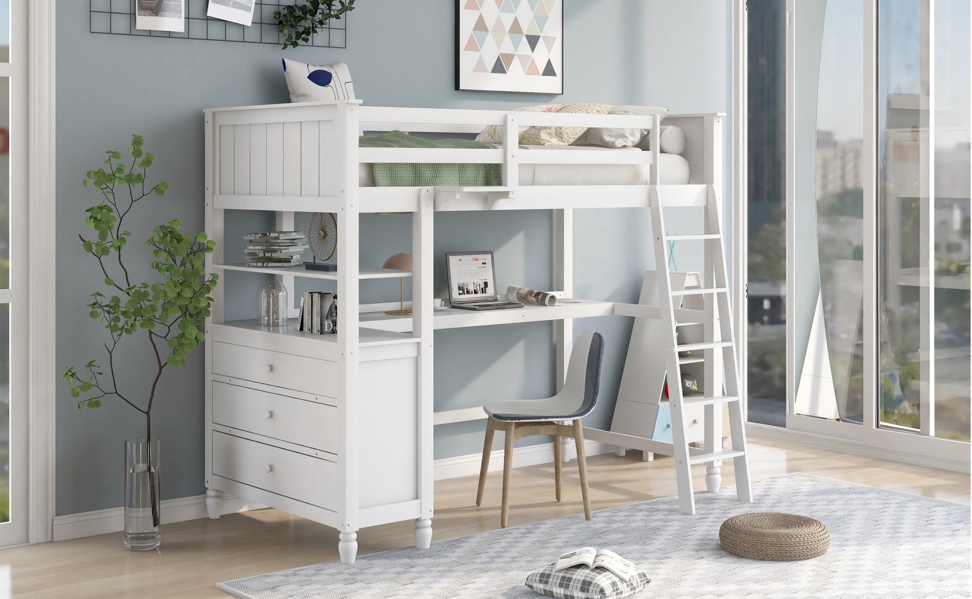 Twin Size Loft Bed With Drawers And Desk, With Shelves - White - Image 17