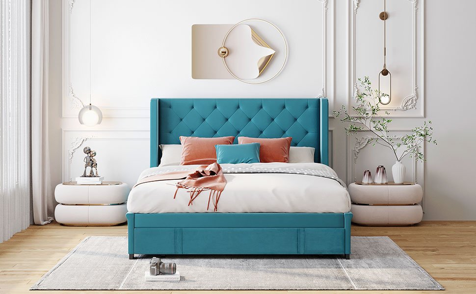 Queen Size Storage Upholstered Platform Bed With Wingback Headboard And A Big Drawer - Blue - Image 3