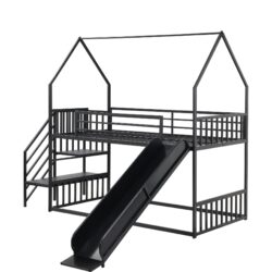 Twin Size Metal Bunk Bed House Bed With Slide And Staircase - Black