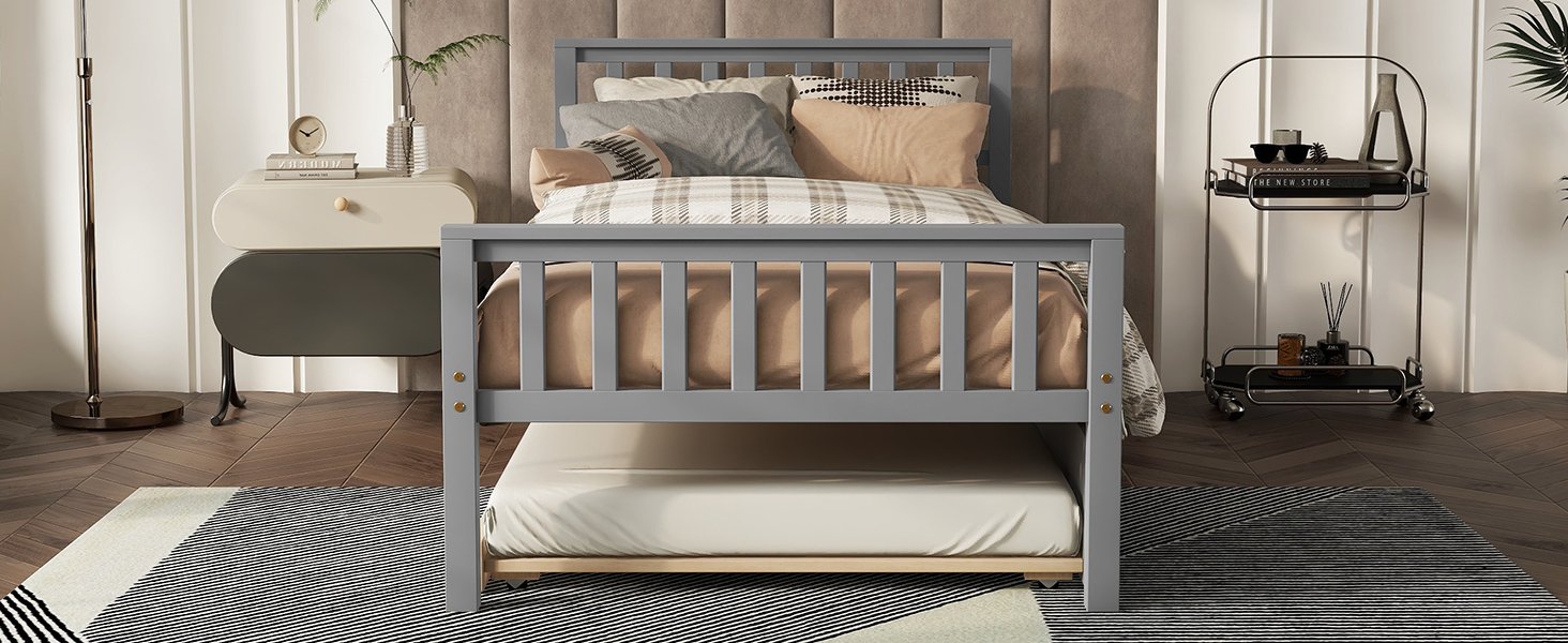 Twin Bed With Trundle, Platform Bed Frame With Headboard And Footboard, For Bedroom Small Living Space, No Box Spring Needed - Gray - Image 7