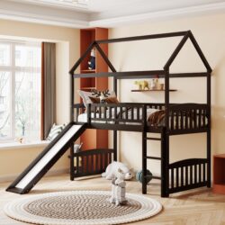Twin House Loft Bed With Slide - Espresso