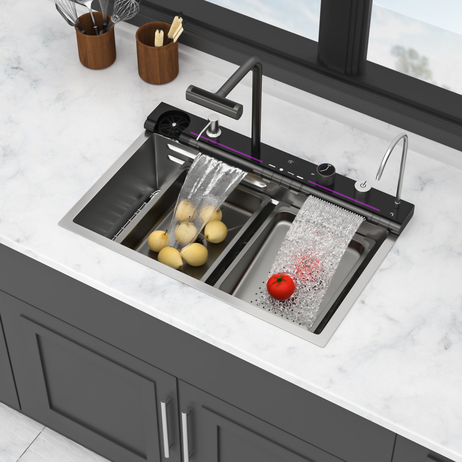 30" Kitchen Sink Waterfall Single Bowl Ledge Workstation With Smart LED Faucet, 16 Gauge T304 - Brushed Nickel - Image 5