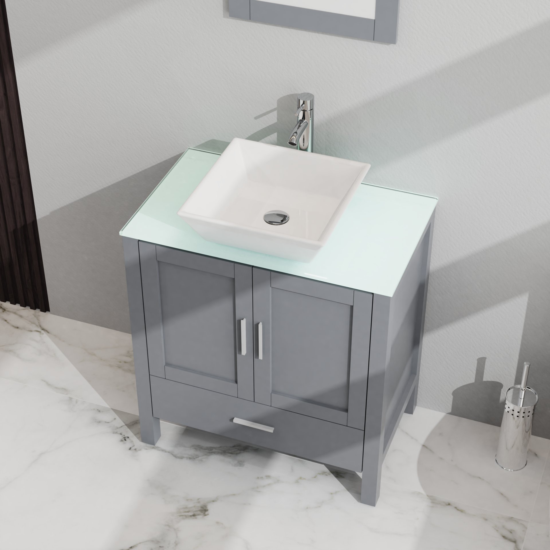 Bathroom Vanity And Sink Combo Glass Top Cabinet With Mirror - Gray - Image 3