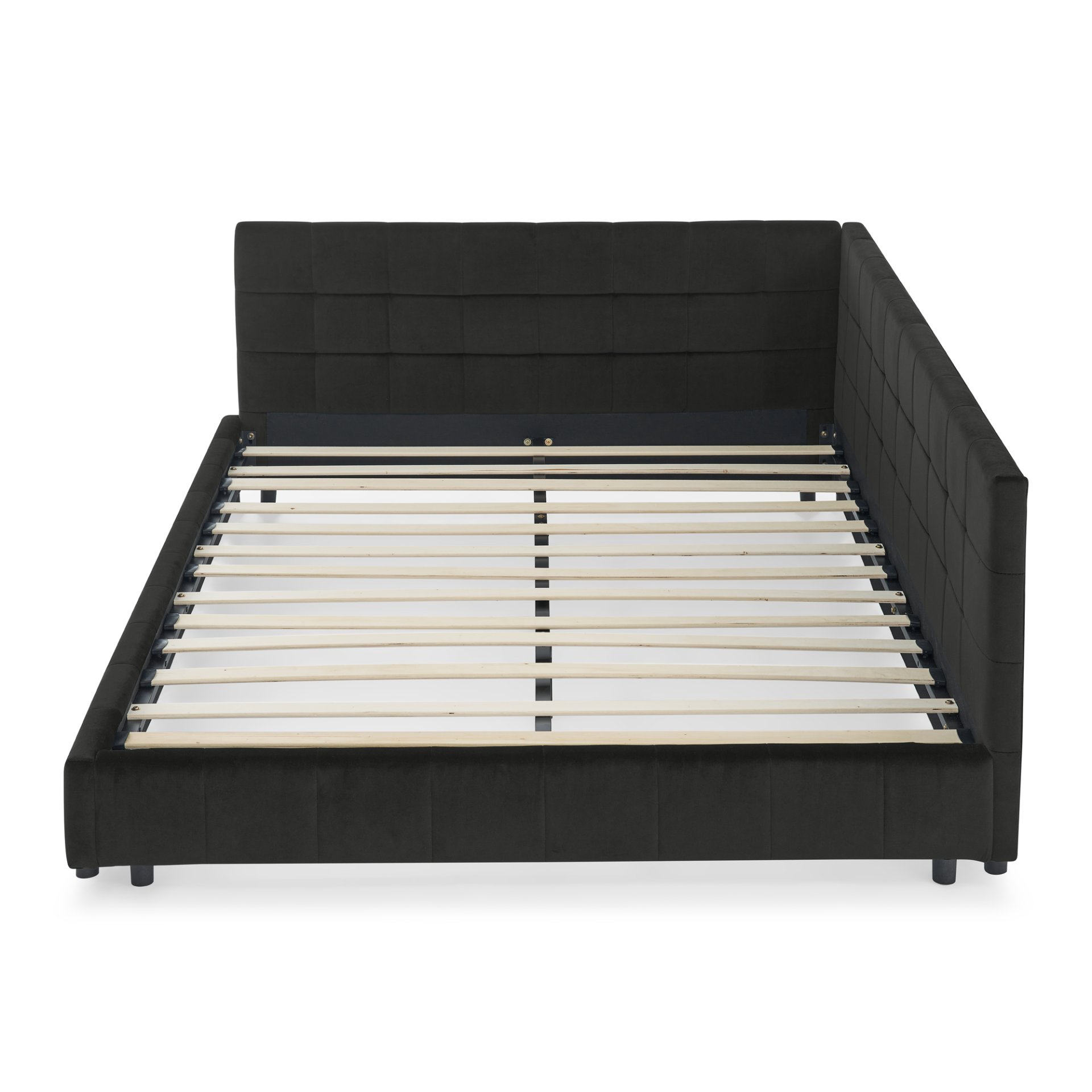 Mid Century Velvet Queen Size Upholstered Tufted Bed Frame With Backrest And Armrests - Black - Image 12