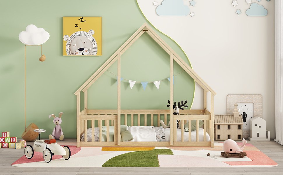 Twin Wood House-Shaped Floor Bed With Fence, Guardrails - Natural - Image 8