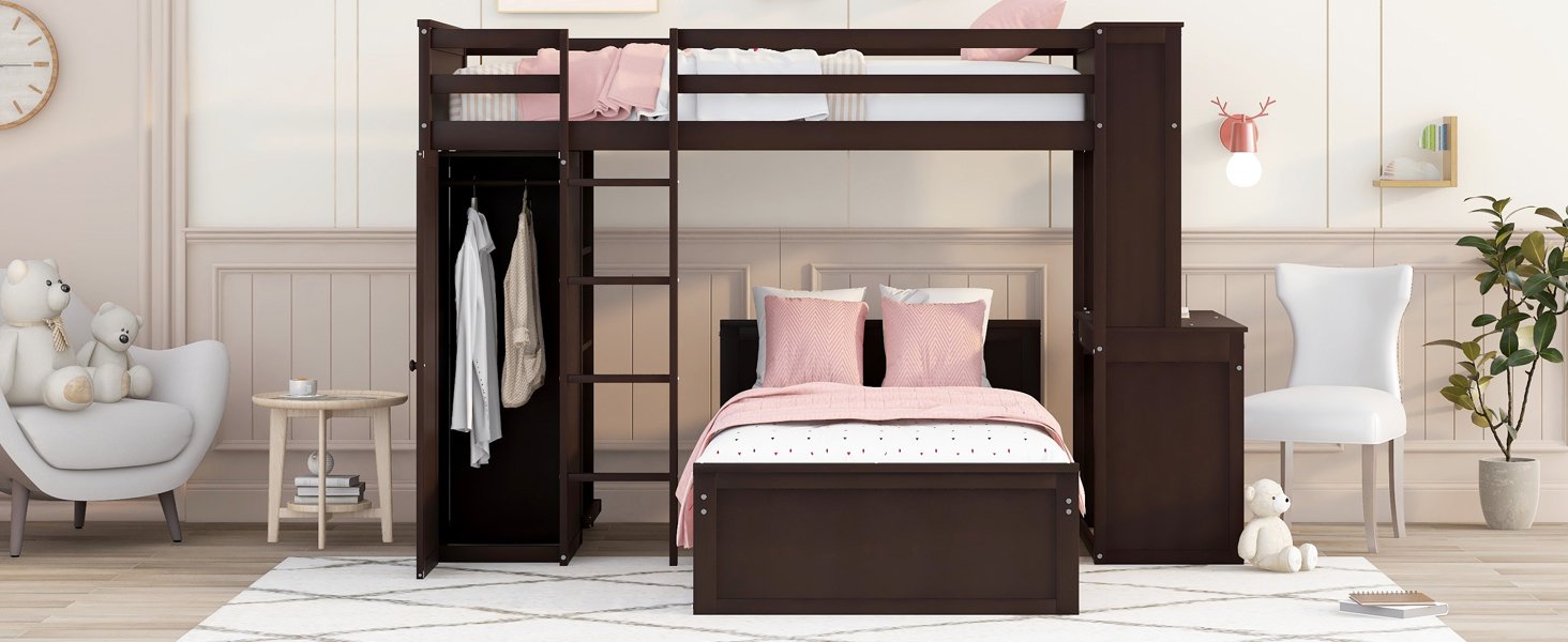 Twin Size Loft Bed With A Stand Alone Bed, Shelves, Desk, And Wardrobe - Espresso - Image 22