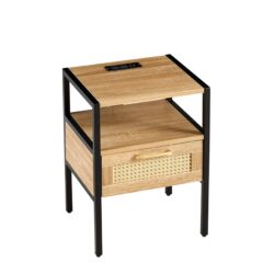 Rattan End Table With Power Outlet & USB Ports, Modern Nightstand With Drawer And Metal Legs, Side Table For Living Room, Bedroom - Natural