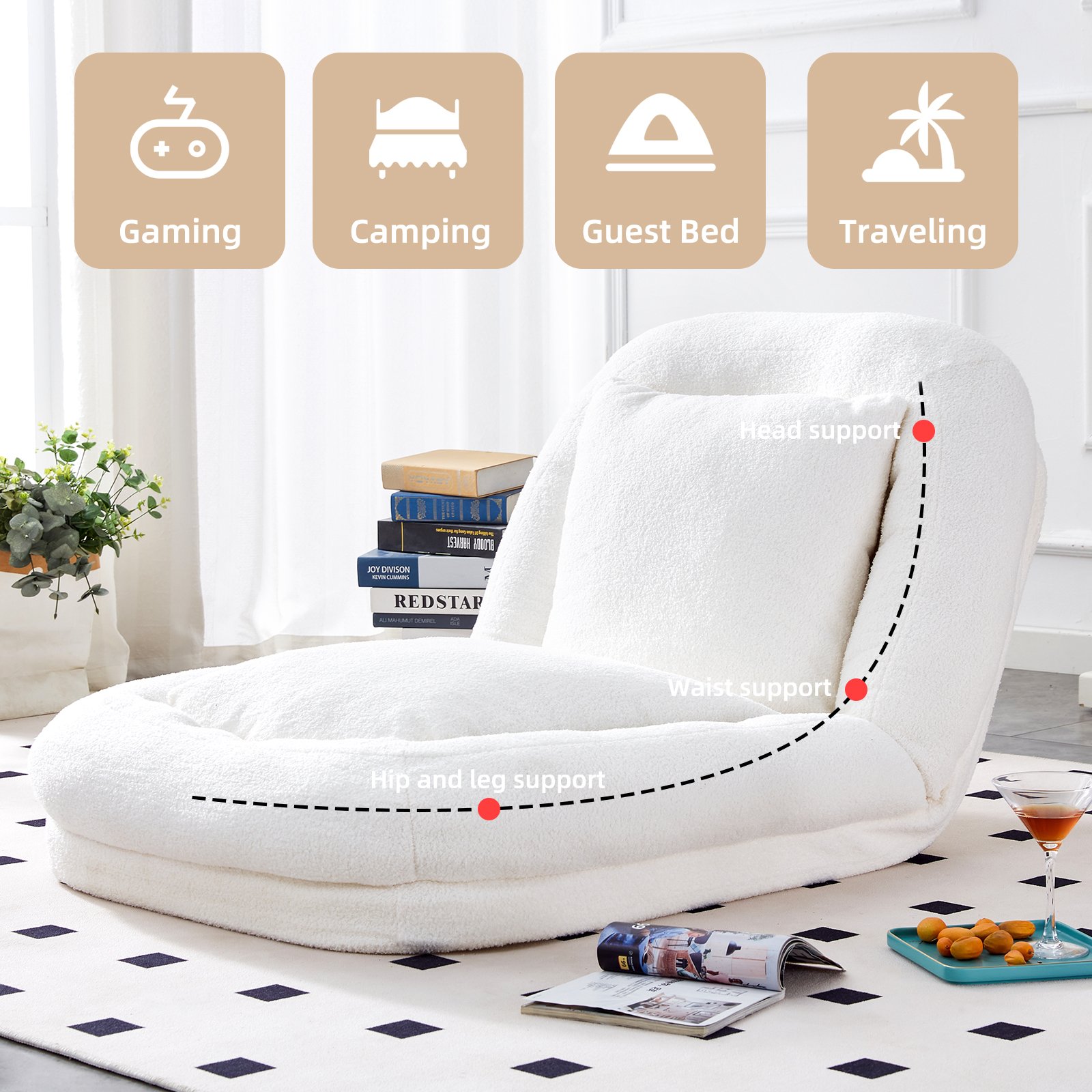 Modern Folding Sofa Chair With Adjustable Positions Plush For Gaming And Relaxation - Beige - Image 8