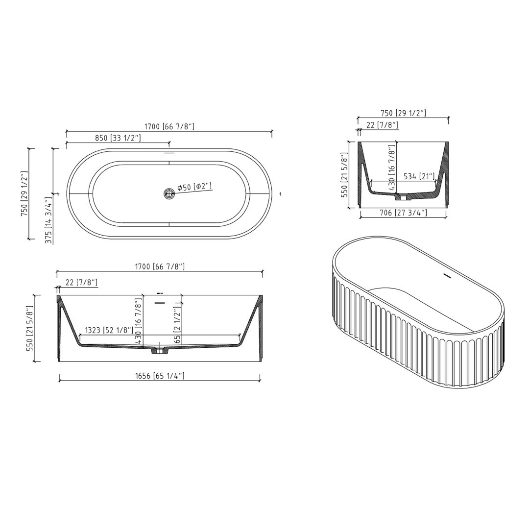 67" Freestanding Solid Surface Bathtub, Luxury Engineered Stone Resin Freestanding Soaking Bathtub With Overflow And Pop-Up Drain Cupc Certified 23S13-67 - Matte White - Image 7