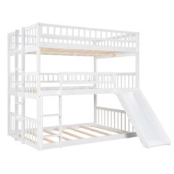Full Over Full Over Full Triple Bed With Built-In Ladder And Slide, Triple Bunk Bed With Guardrails - White