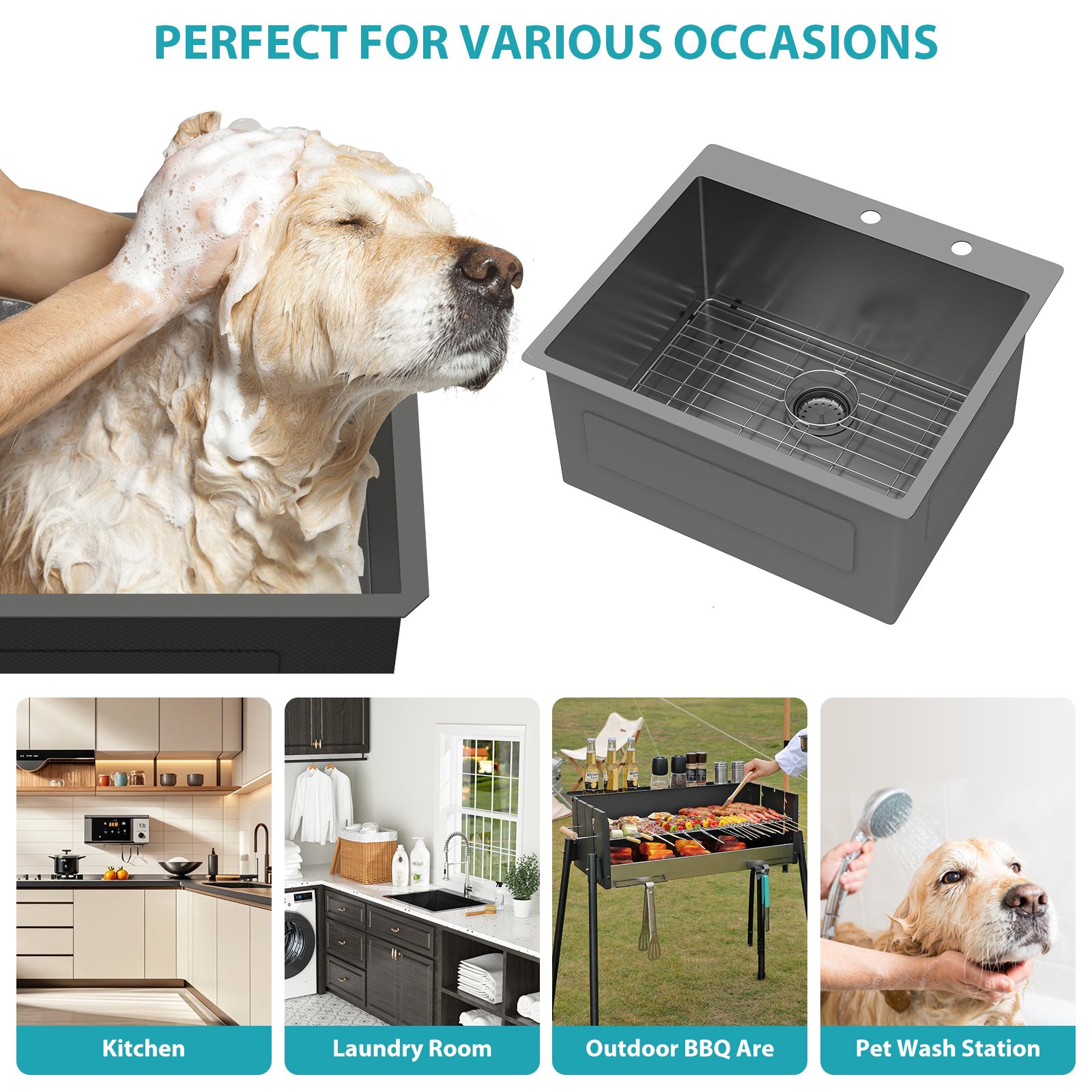 Laundry Sink Drop In, Single Bowl Above Counter Utility Sink With Deep Basin And Soundproof Coating - Gunmetal Black - Image 10