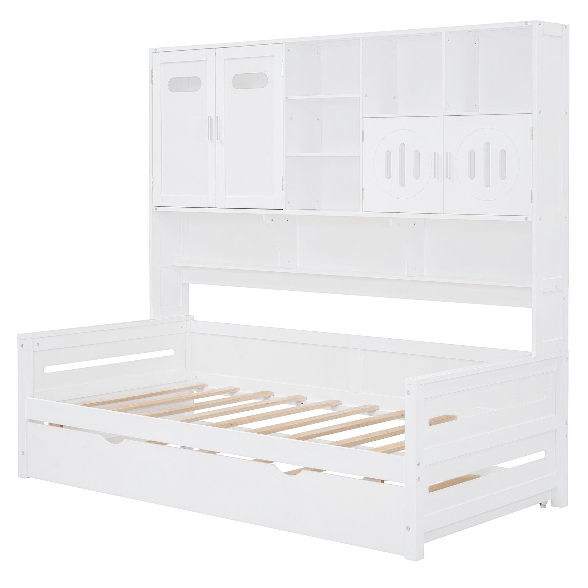 Twin Size Wooden Daybed With Twin Size Trundle, And All In One Cabinet And Shelf - White - Image 6