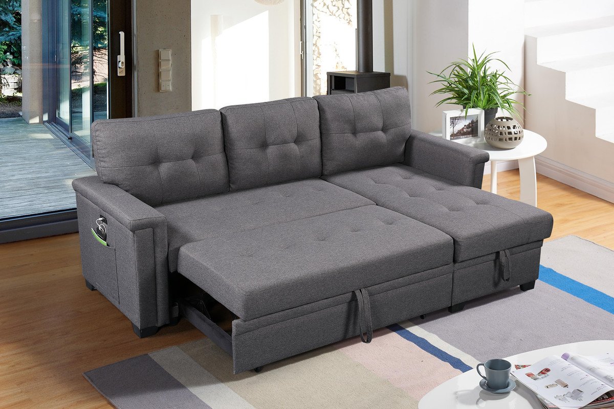 Ashlyn - Reversible Sleeper Sectional Sofa With Storage Chaise, USB Charging Ports nd Pocket - Dark Gray - Image 3