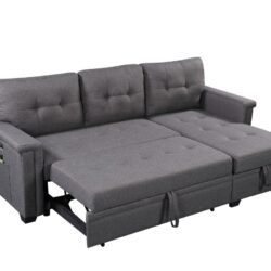 Ashlyn - Reversible Sleeper Sectional Sofa With Storage Chaise, USB Charging Ports nd Pocket - Dark Gray