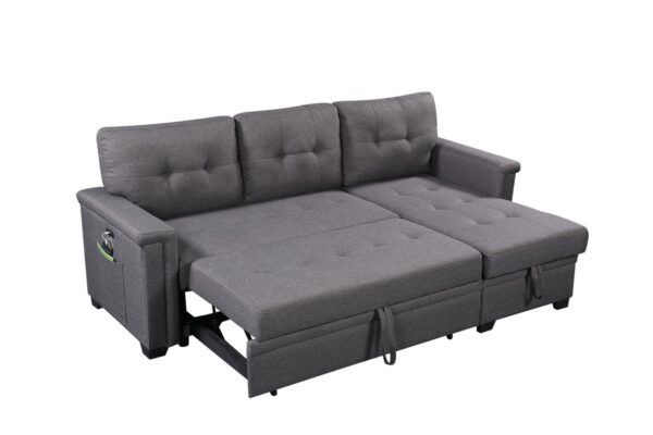 Ashlyn - Reversible Sleeper Sectional Sofa With Storage Chaise, USB Charging Ports nd Pocket - Dark Gray