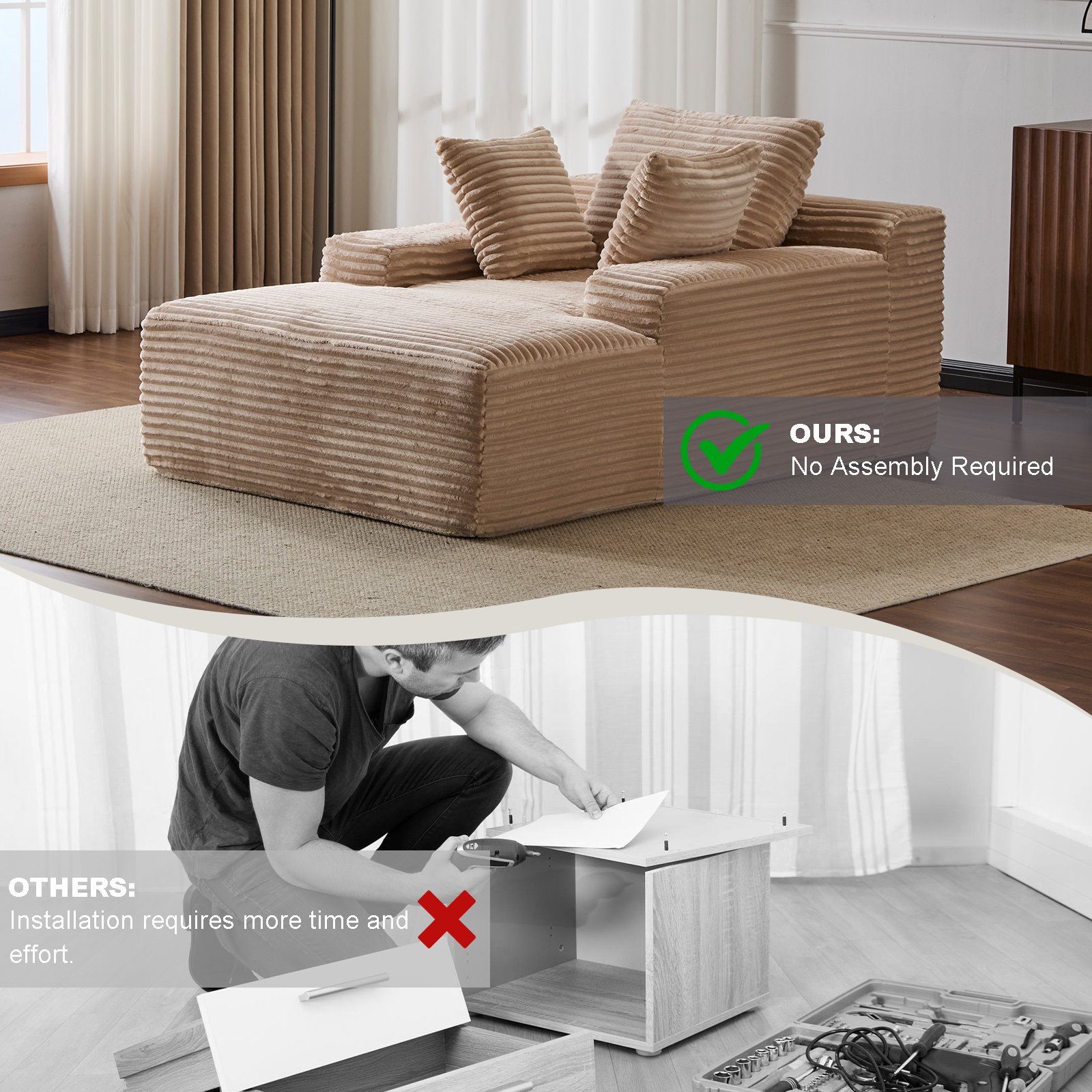 Oversized Chaise Lounge Chair Cozy Cloud Couch, Plush Corduroy Upholstered Sleeper Sofa Daybed With 3 Throw Pillows And Wide Armrest For Living Room - Beige - Image 8