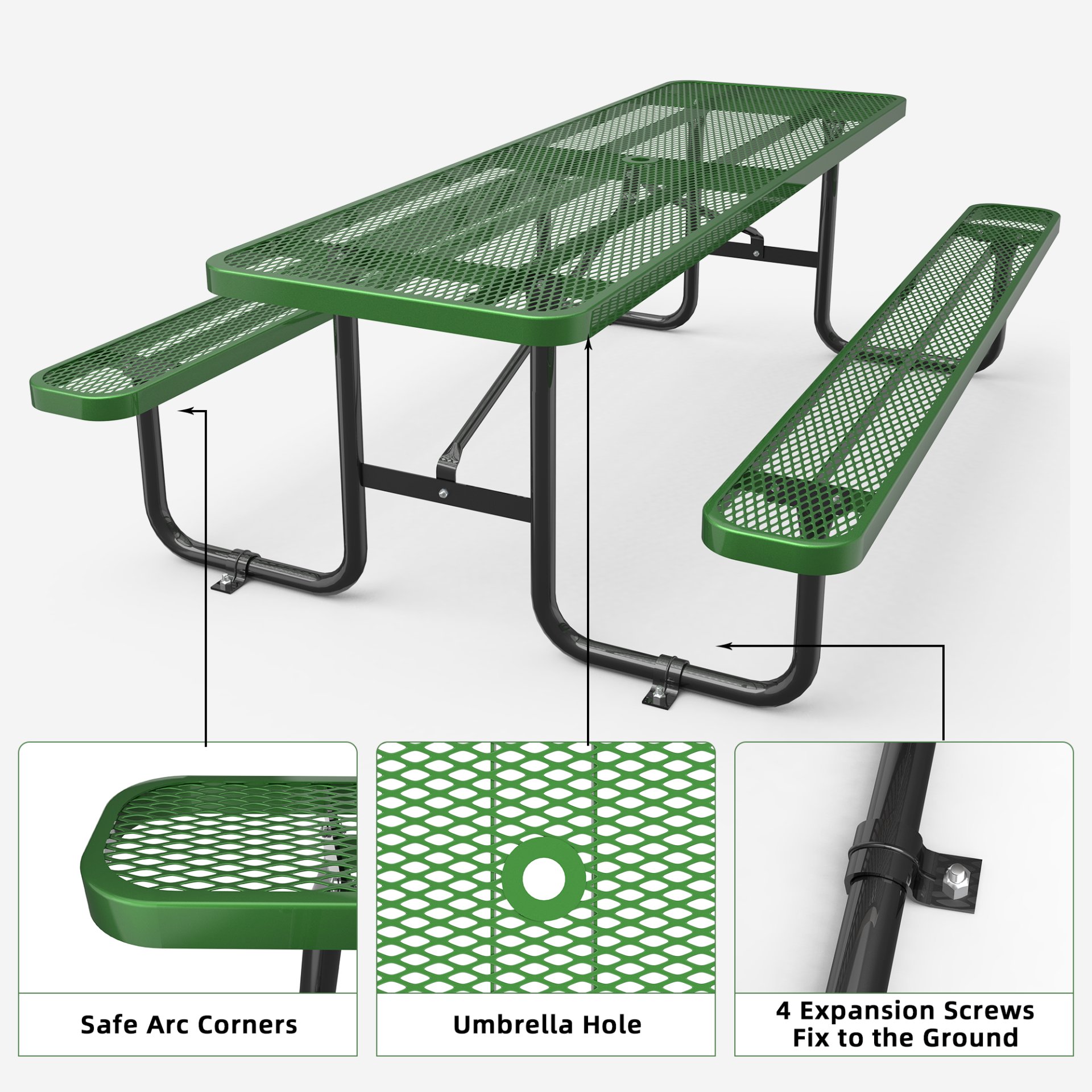 Expanded Metal Rectangular Picnic Table Set - Green - Image 2
