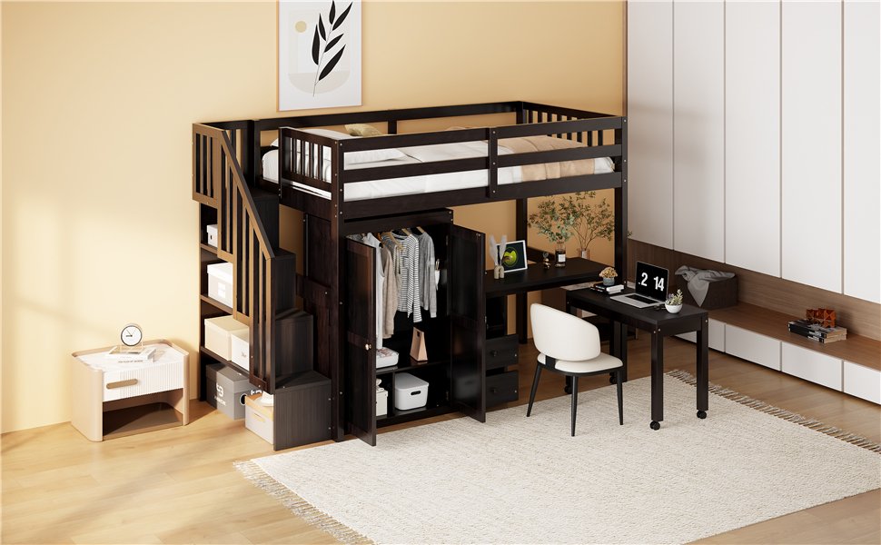 Twin Size Loft Bed With Stairs, Bookshelf, Drawers, Desk & Wardrobe, Space Saving Multifunctional Furniture - Espresso - Image 24