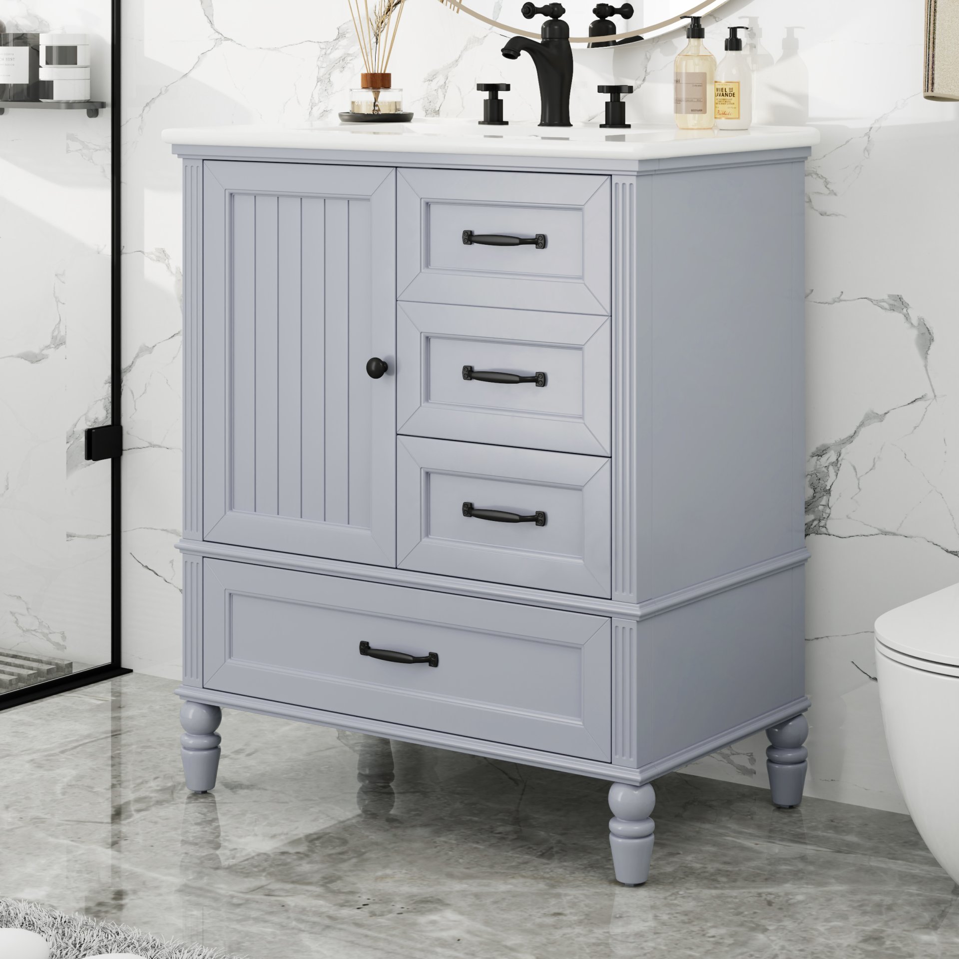 30" Bathroom Vanity With Sink, Bathroom Cabinet With A Door, 3 Drawers Legs, Adiustable Foot Pads - Gray - Image 2