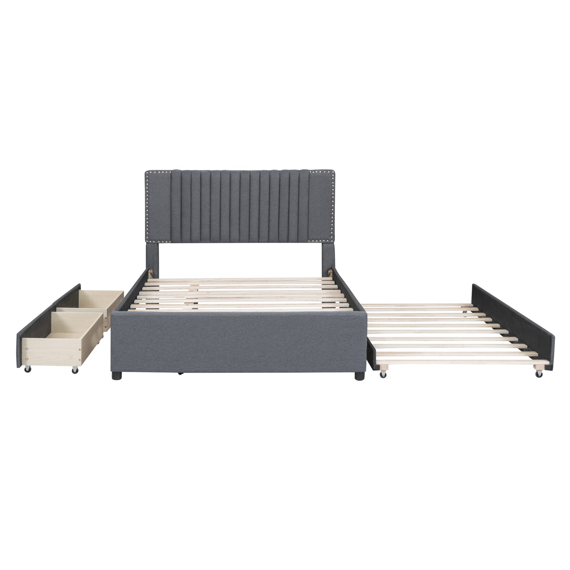 Full Size Upholstered Platform Bed With 2 Drawers And 1 Twin Size Trundle, Classic Headboard Design - Gray - Image 5