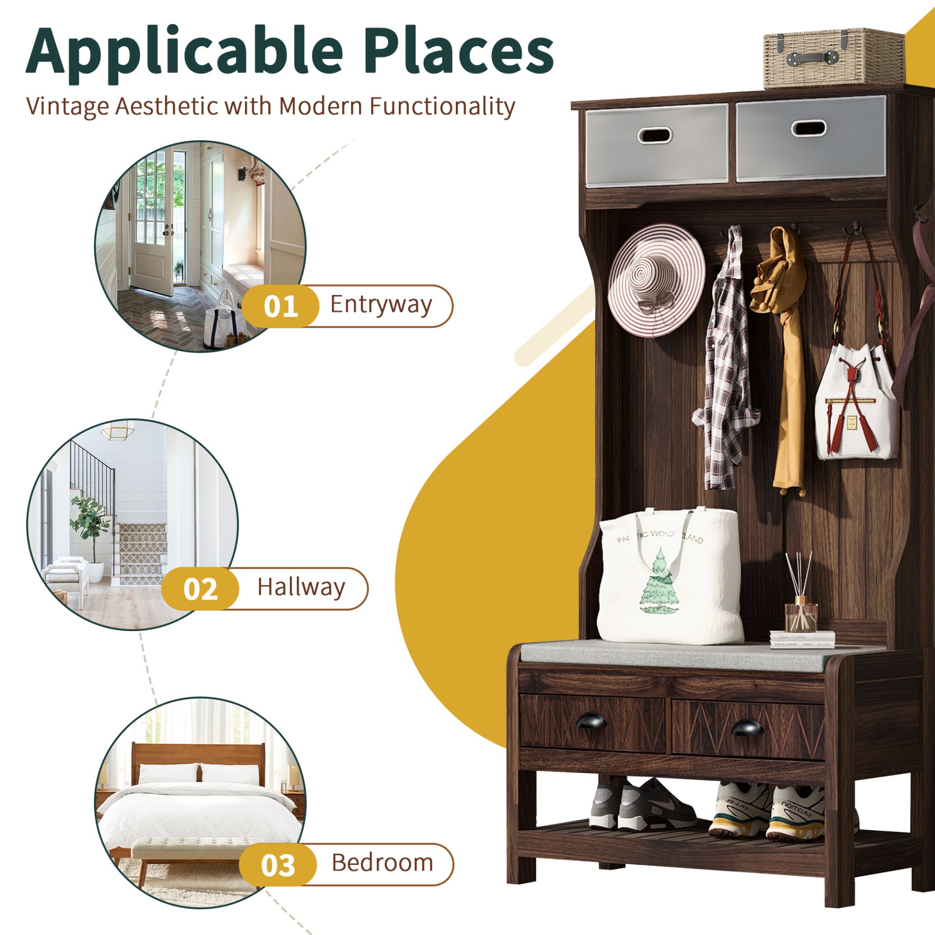 Hall Tree With 6 Hooks And Hinged Lid, Coat Hanger, Entryway Bench, Storage Bench, 3 In 1 Design, For Entrance, Hallway - Brown - Image 7