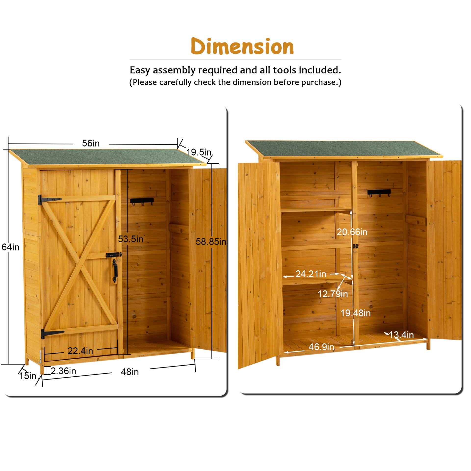 Outdoor Storage Shed With Lockable Door, Wooden Tool Storage Shed With Detachable Shelves & Pitch Roof - Natural - Image 3