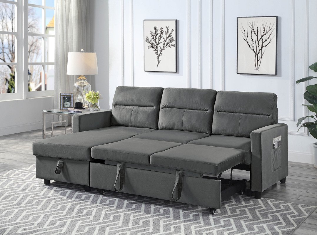 Ivy - Velvet Reversible Sleeper Sectional Sofa With Storage Chaise And Side Pocket - Dark Gray - Image 3