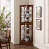 Corner Curio Dispaly Cabinet With Lights, Adjustable Tempered Glass Shelves, Mirrored Back (E26 Light Bulb Not Included) - Walnut - Image 6
