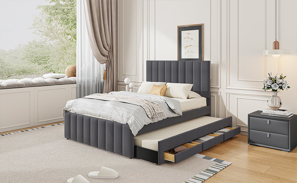 Full Size Upholstered Platform Bed With Twin Size Trundle And 3 Drawers - Gray - Image 16