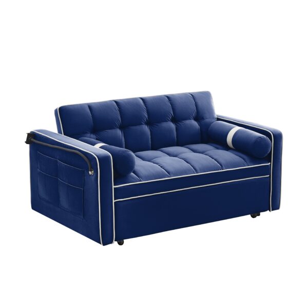 Modern Convertible Sleeper Sofa Couch With Pull Out Bed With Pillows & Side Pockets For Small Space, Living Room - Blue