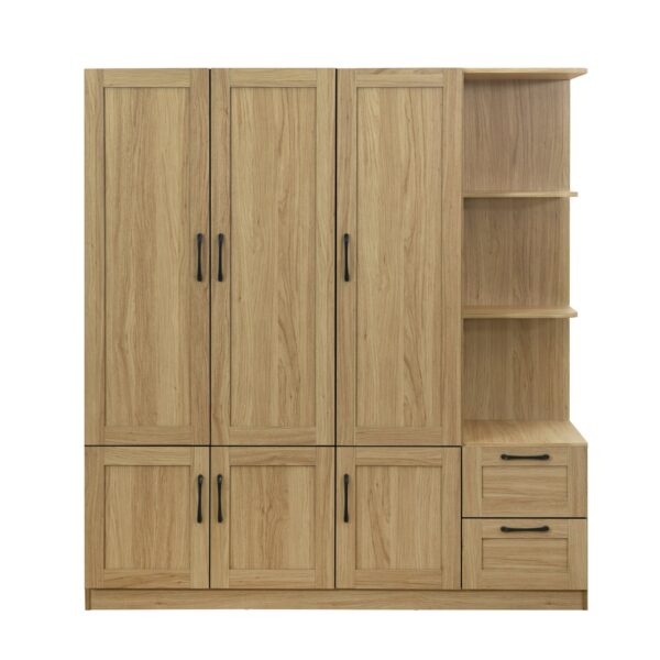3 Door Storage Wardrobe For Dedroom With Shelves And 2 Drawers, Side Storage Shelves - Nature