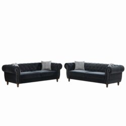 Mid Century Modern Chesterfield Velvet Upholstery Sofa With Roll Armrest & Nailhead, 3 And 3 Seater - Black