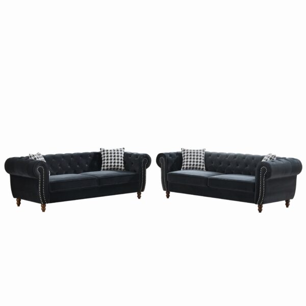 Mid Century Modern Chesterfield Velvet Upholstery Sofa With Roll Armrest & Nailhead, 3 And 3 Seater - Black