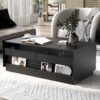 Modern Rectangle Coffee Table With 4 Drawers And 2 Display Shelves, Tempered Glass For Living Room - Black - Image 6