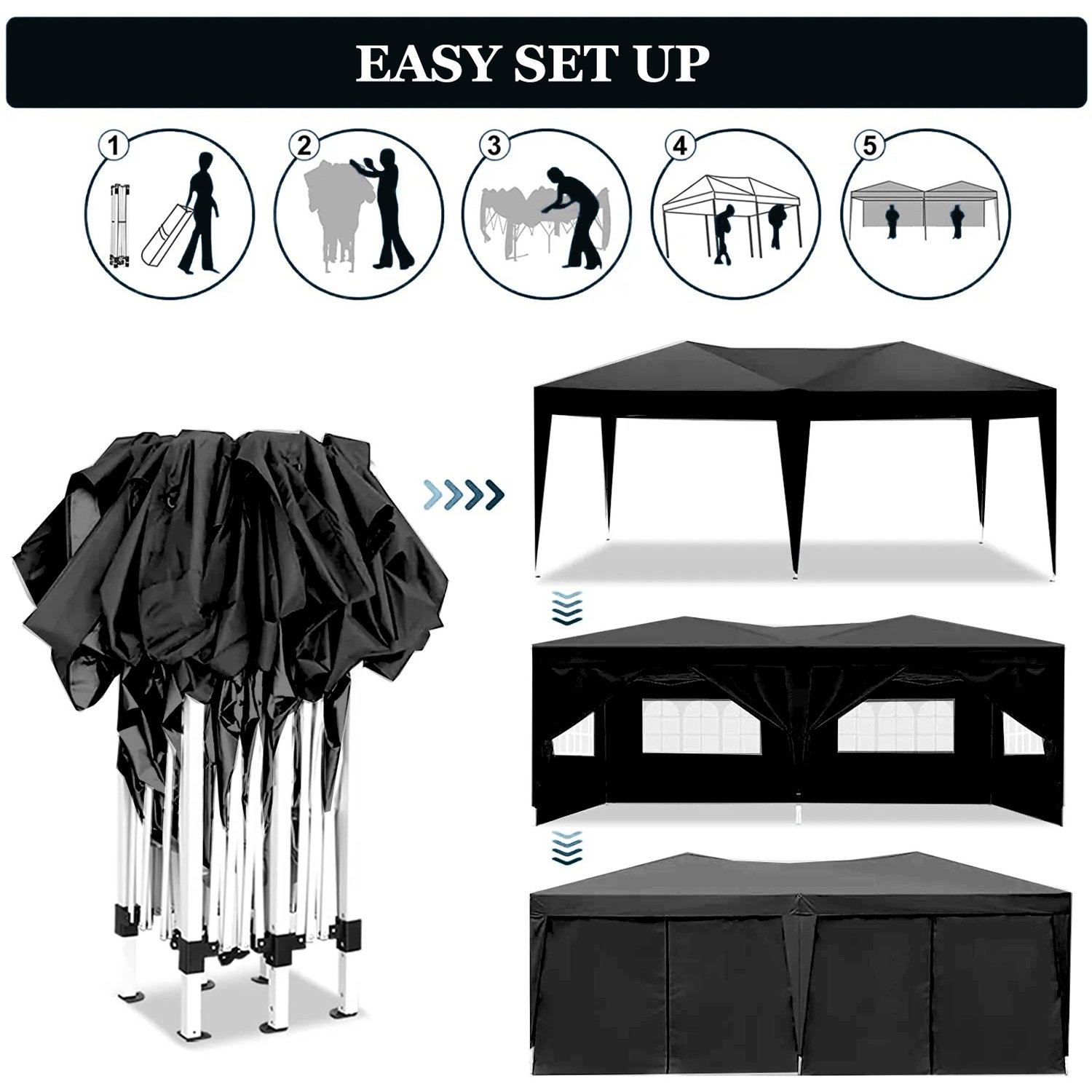 10'X20' Folding Canopy With 6 Removable Sidewalls Outdoor Event Shelter UPF 50+ Gazebo Portable Tents For Parties Beach Camping Wedding Ez Pop Up Canopy - Black - Image 3