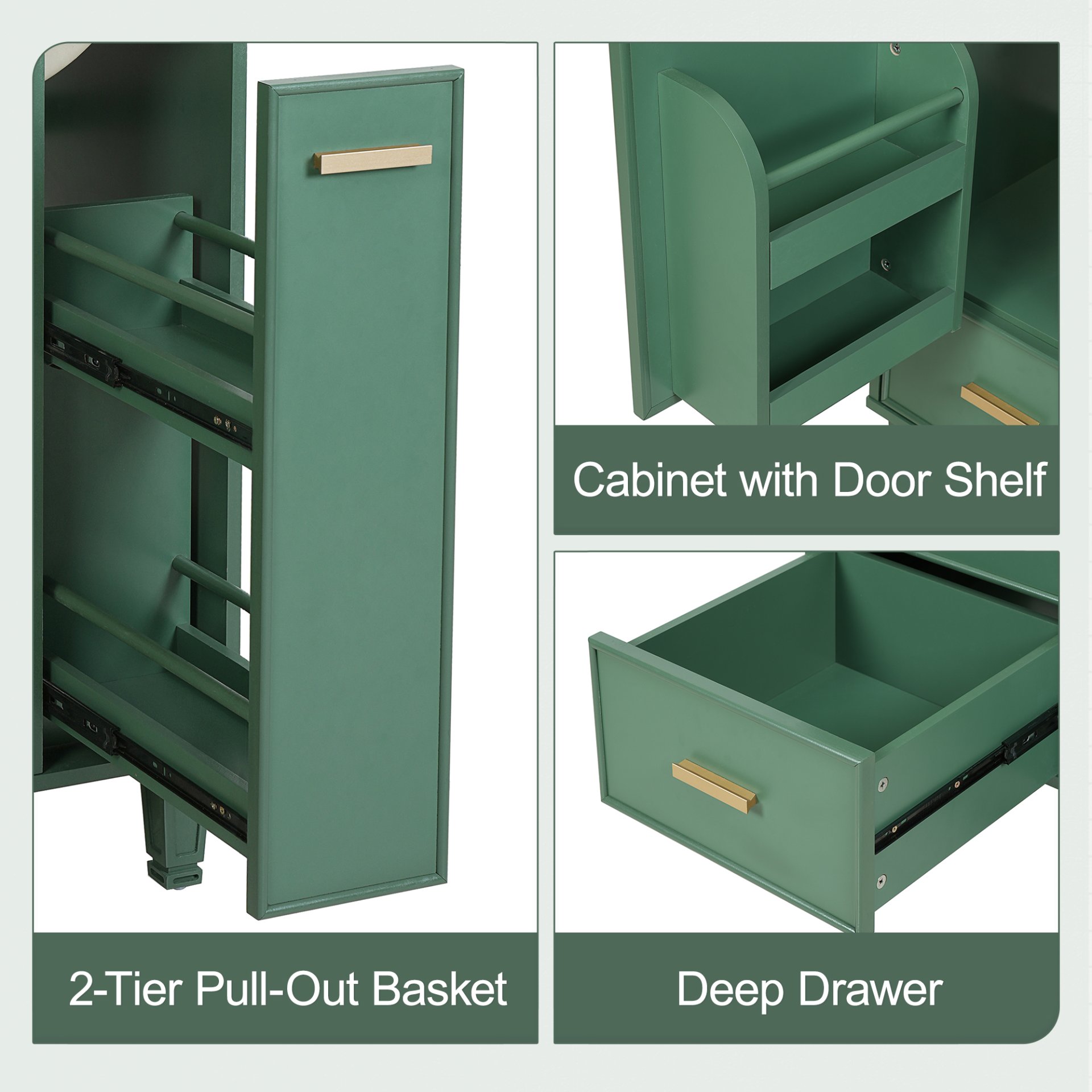 Solid Wood And 24" Bathroom Vanity With Sink, Deep Drawer, Door Shelf, 2 Tier Basket - Green - Image 6