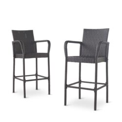 Outdoor Wicker Barstools Faux Rattan Iron Frame (Set of 2) - Gray