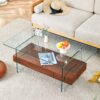 Modern 2 Tier Coffee Table With Drawer Clear Tempered Glass, Multifunctional Storage - Transparent / Wood - Image 7