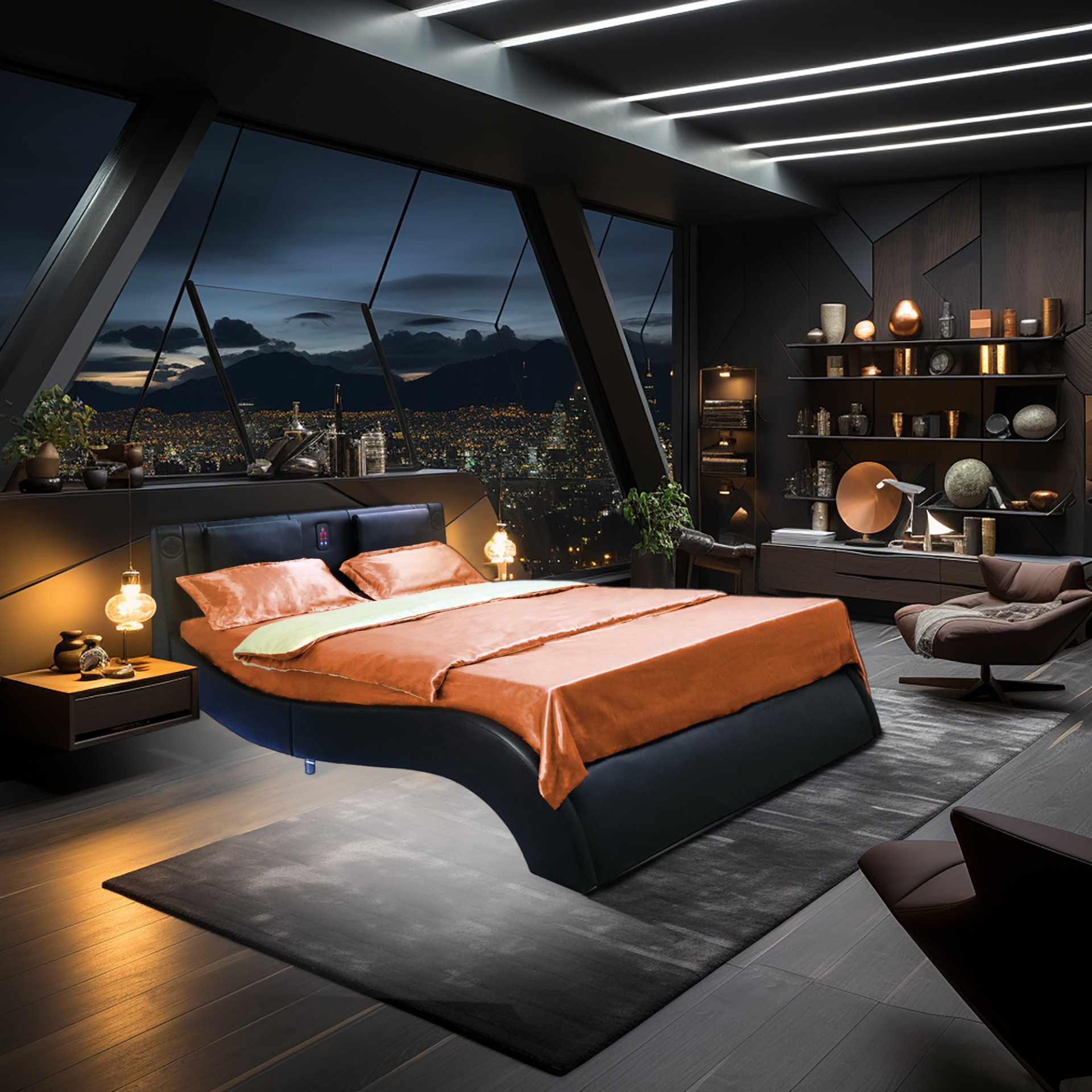 Queen Size Upholstered Platform Bed Frame With LED Lighting, Bluetooth Connection To Play Music Control, Backrest Vibration Massage, Curve Design, Wood Slat Support, Exhibited Speakers - Black - Image 4