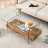 Modern 2 Tier Coffee Table Clear Tempered Glass And Wood Grain Multifunctional Storage Design - Natural Wood / Transparent - Image 5