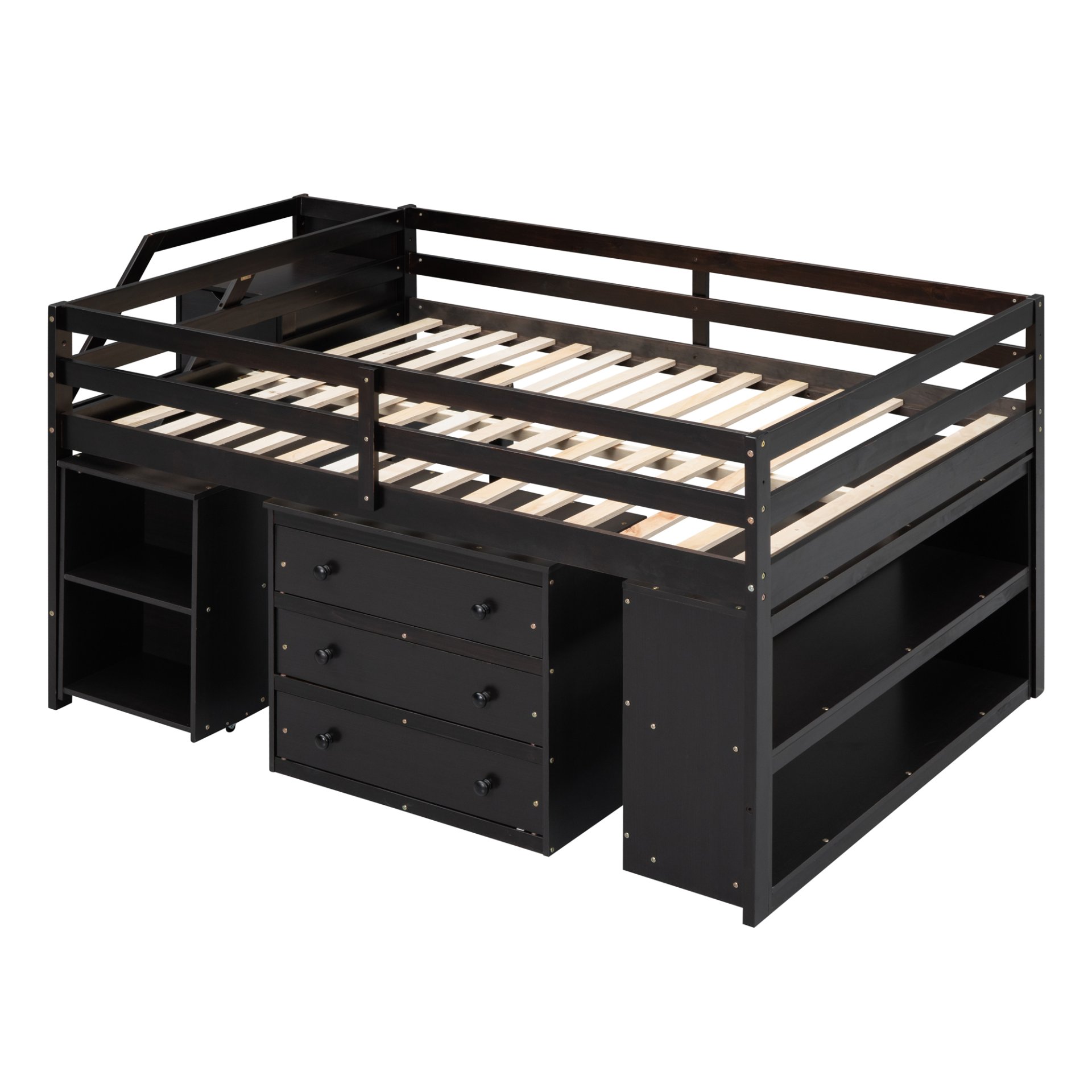Full Size Loft Bed With Retractable Writing Desk And 3 Drawers With Storage Stairs And Shelves - Espresso - Image 4