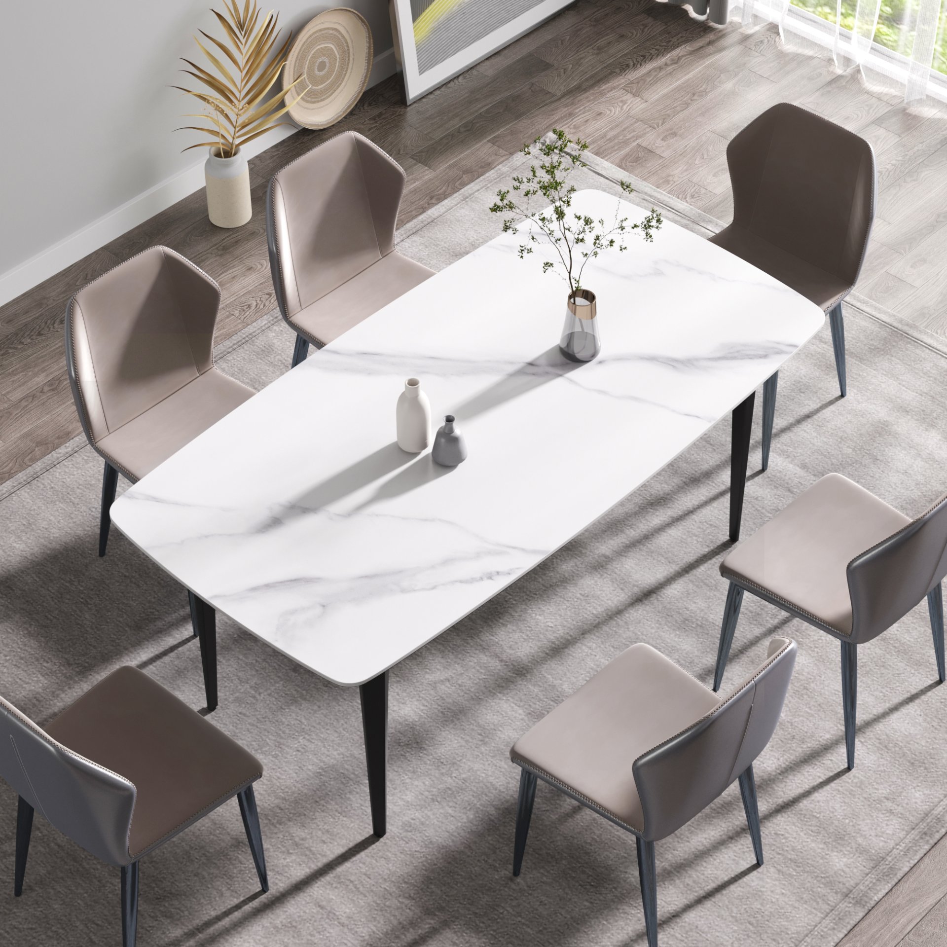 70.87" Modern Artificial Stone Curved Black Metal Leg Dining Table, Can Accommodate 6-8 People - White / Black - Image 4