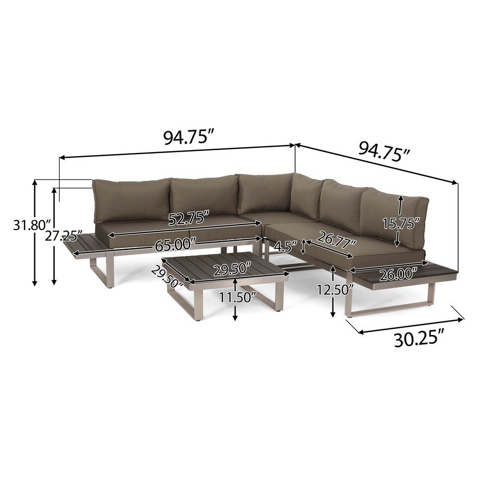 Sterling - Outdoor Aluminum V Shaped 5 Seater Sofa Set With Cushions - Gray / Khaki / Silver - Image 5