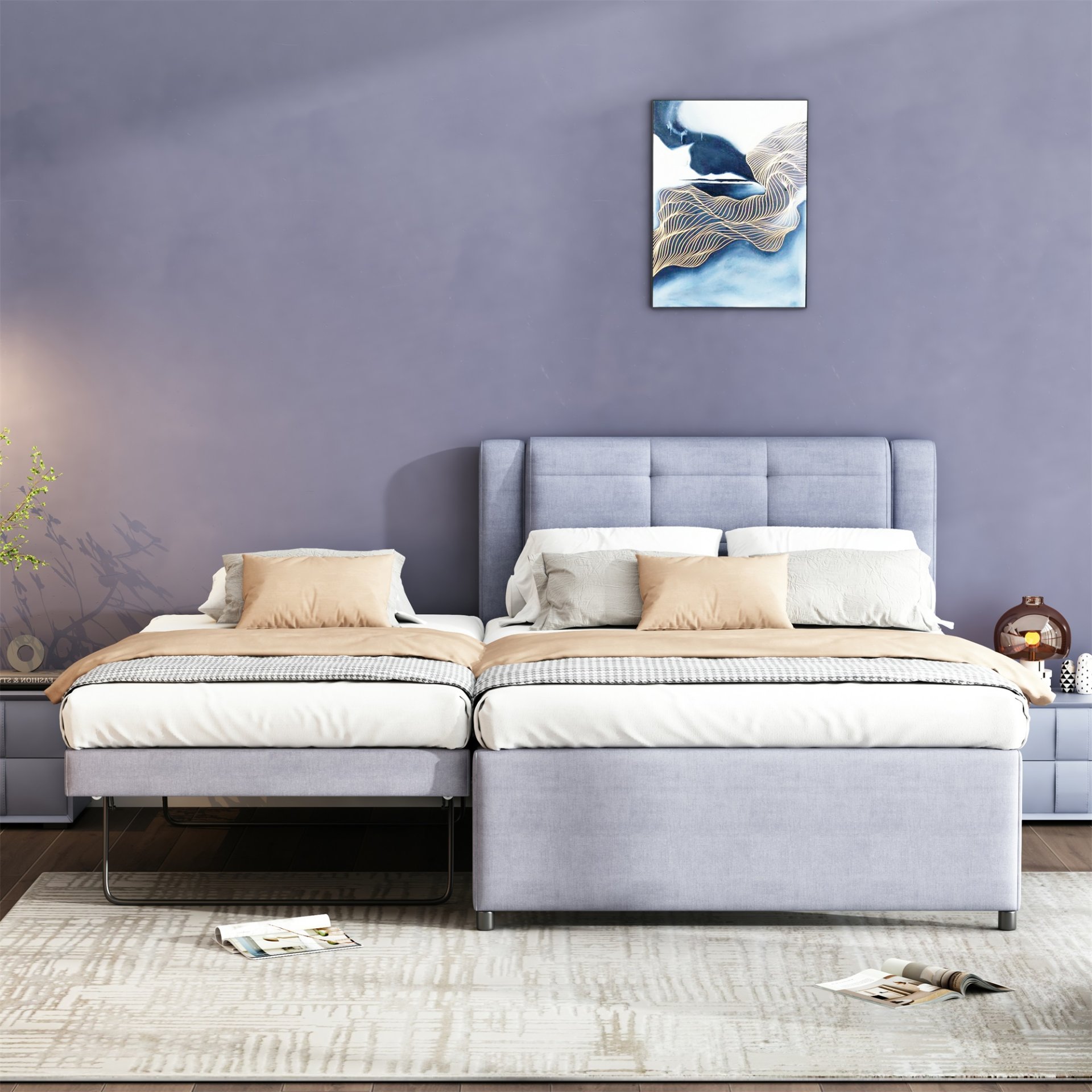 Full Size Upholstery Platform Bed With Trundle,Trundle Can Be Flat Or Erected - Gray - Image 2