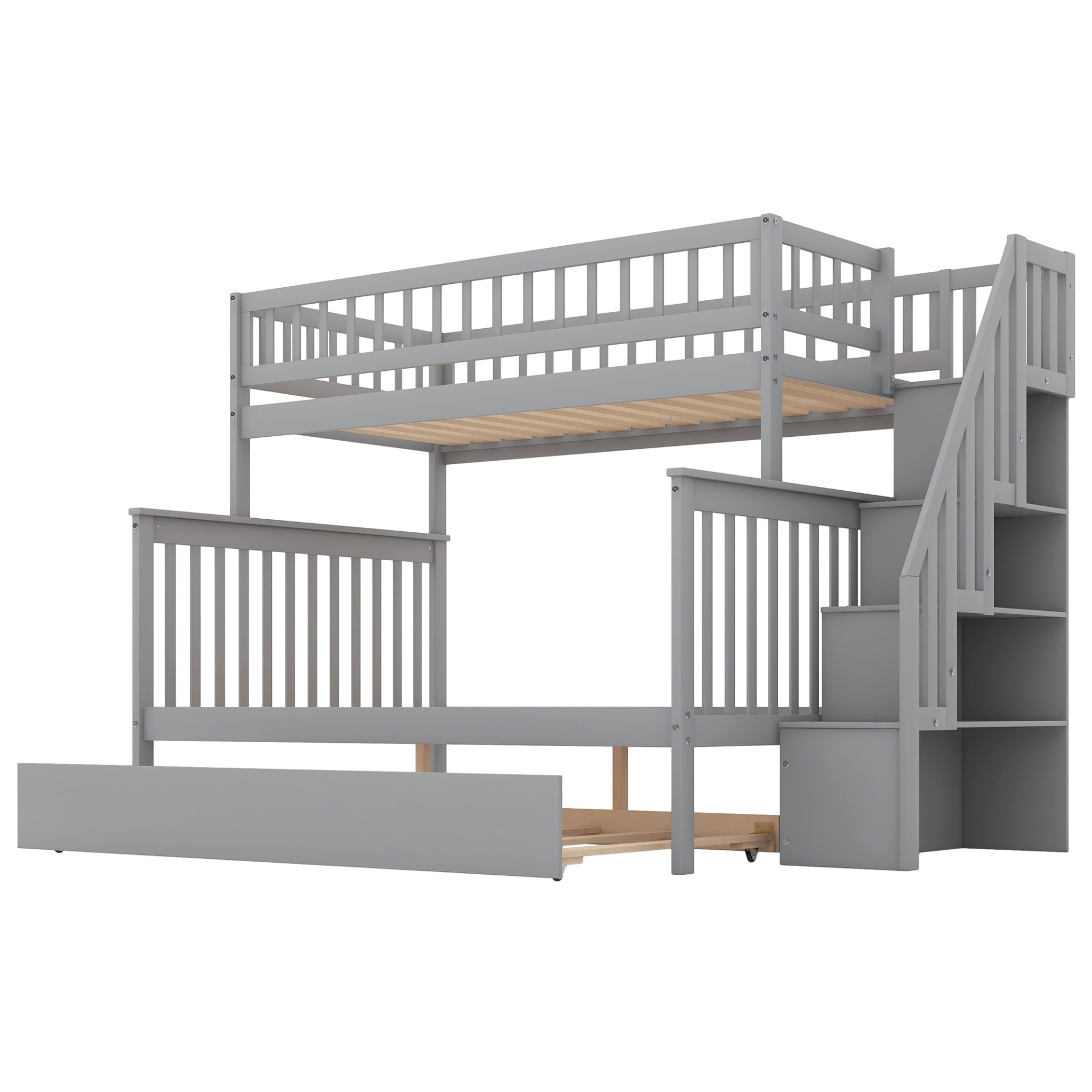 Twin Over Full Bunk Bed With Trundle And Staircase - Gray - Image 8